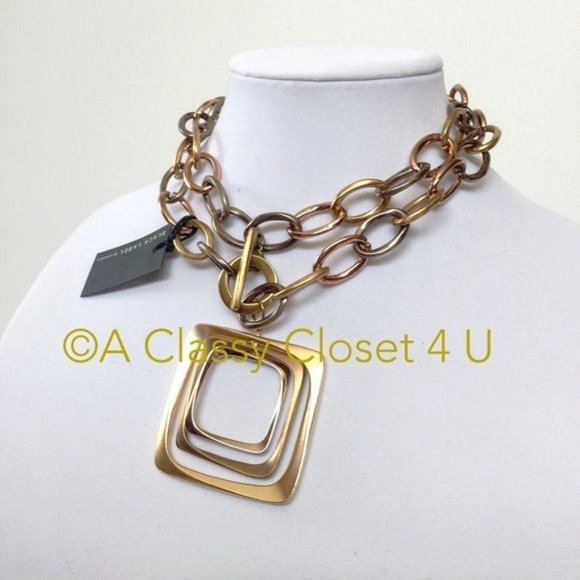 Chico's Black Label Tri-color Geometric Square 2 in 1 Chain Link Necklace - Picture 2 of 8